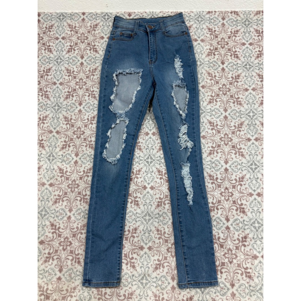 Bob Jeans Blue Distressed High Waisted Skinny Jeans Size 5/6 Shredded Denim